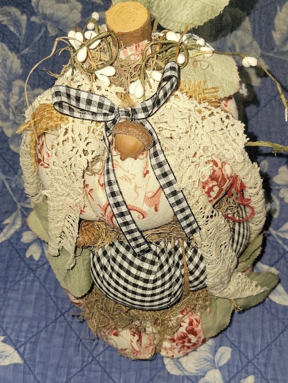 Handmade Rustic Fabric Stacked Pumpkin Fall Decor Gingham Floral Lace